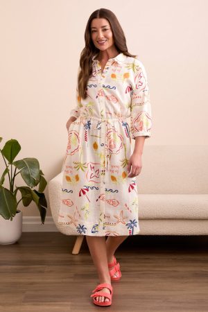 Printed Textured Midi Shirt Dress With Waist Tie-Summerwhite