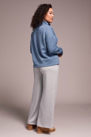 Puckered Knit Drop Shoulder Funnel Neck Top-Slateblue