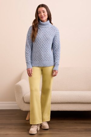 Puff Sleeve Turtleneck Open Crochet Sweater-M blueviolet