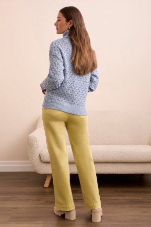 Puff Sleeve Turtleneck Open Crochet Sweater-M blueviolet