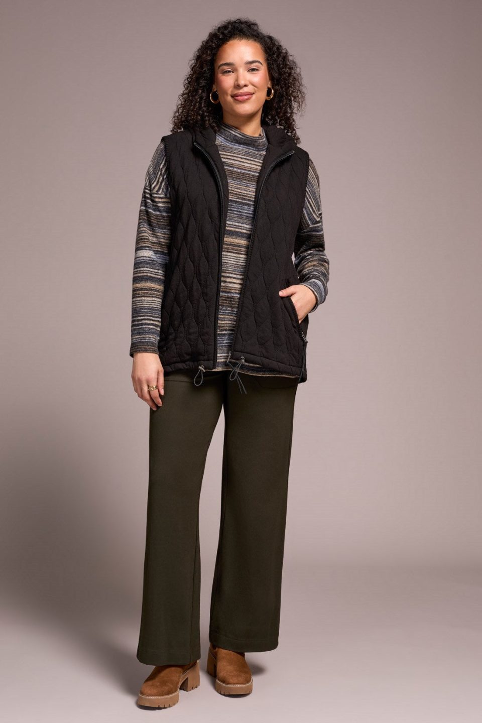 Quilted Cotton Long Hooded Vest-Black