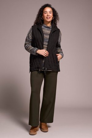 Quilted Cotton Long Hooded Vest-Black