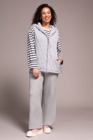 Quilted Cotton Long Hooded Vest-Grey mix