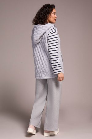 Quilted Cotton Long Hooded Vest-Grey mix