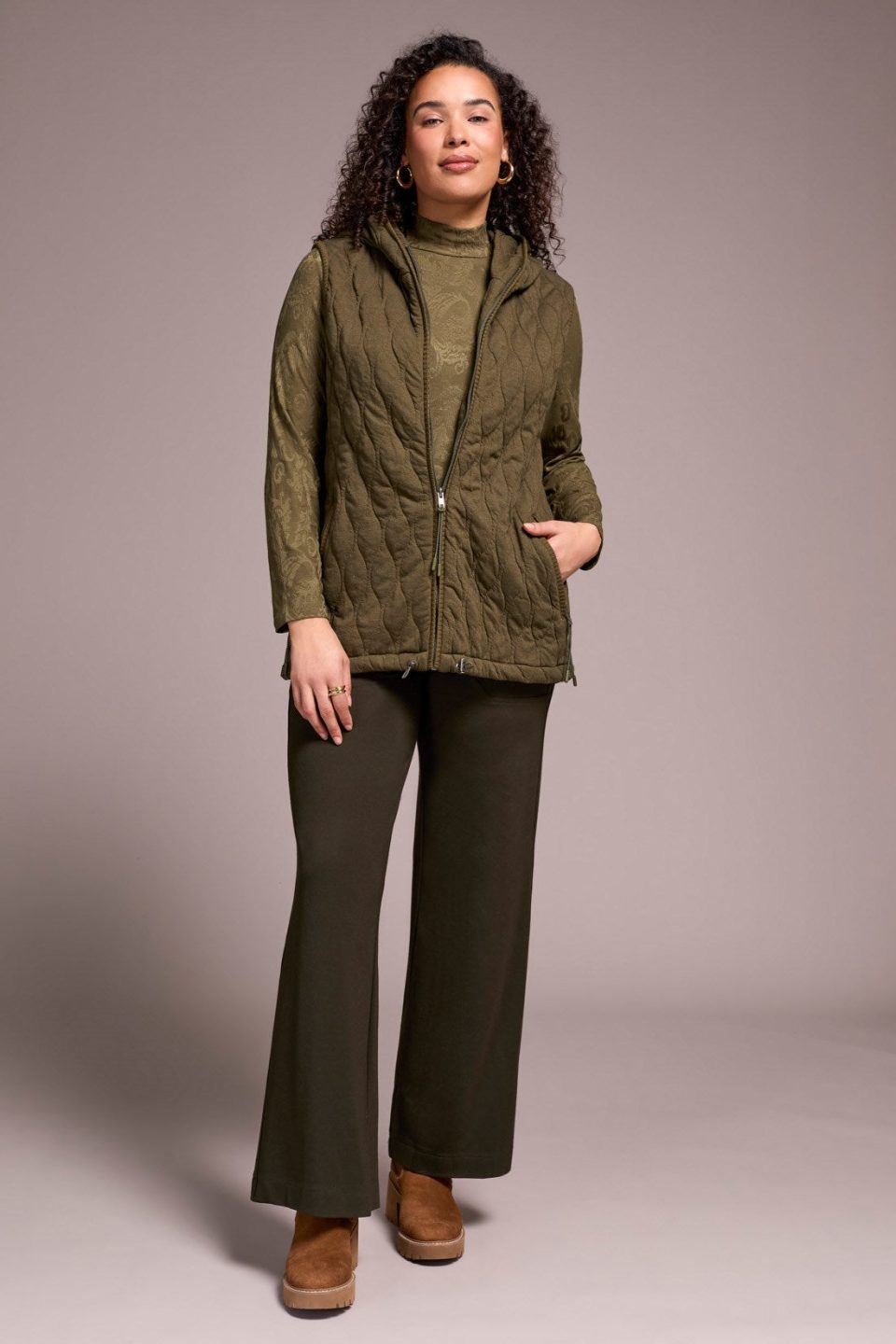 Quilted Cotton Long Hooded Vest-Ivy