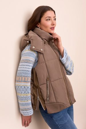Quilted Puffer Vest With Removable Hood-Fossil