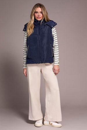 Quilted Puffer Vest With Removable Hood-Sapphire