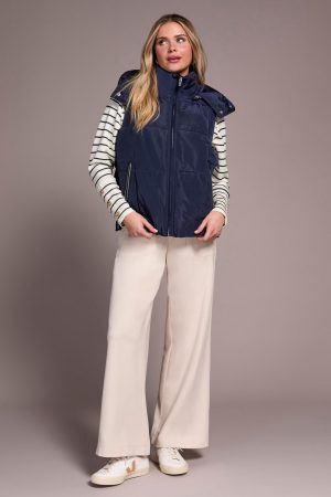 Quilted Puffer Vest With Removable Hood-Sapphire