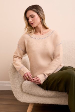 Saddle Stitch Crew Neck Sweater-H sandstone