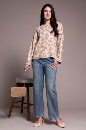 Sequin Animal Print Crew Neck Jacquard Sweater-Sandstone