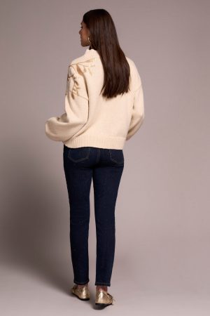 Sequin Floral Applique Mock Neck Sweater-H latte