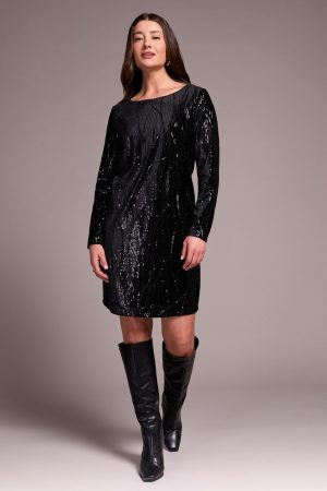 Sequin Velvet Lined A-Line Dress-Black