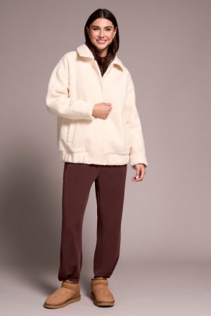 Soft Boucle Bomber Jacket With Hidden Snaps-Cream