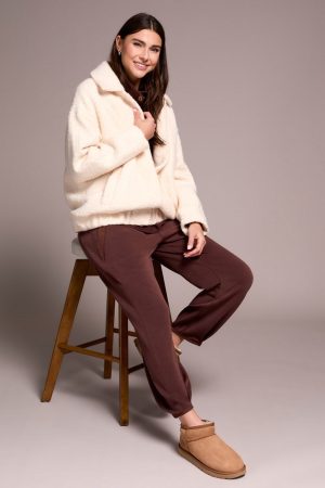 Soft Boucle Bomber Jacket With Hidden Snaps-Cream