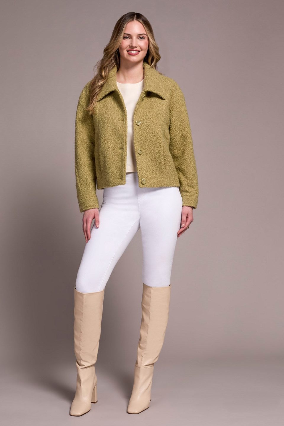 Soft Boucle Button-Front Jacket-Oliveleaf