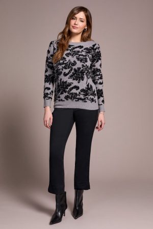 Soft Boucle Jacquard Long-Sleeve Crew Neck Sweater-Grey mix