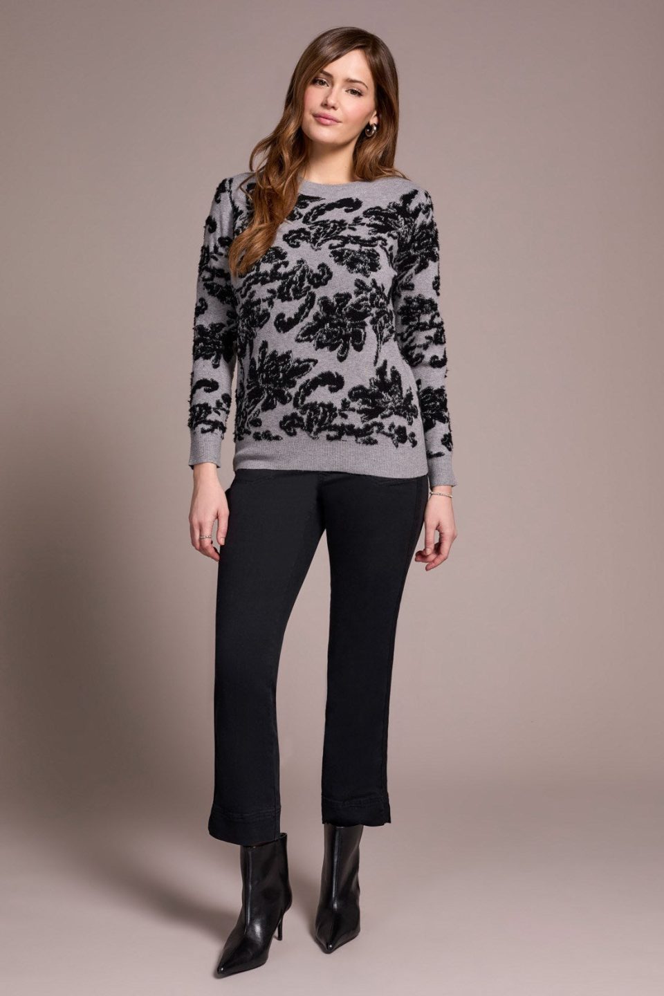 Soft Boucle Jacquard Long-Sleeve Crew Neck Sweater-Grey mix