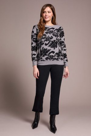 Soft Boucle Jacquard Long-Sleeve Crew Neck Sweater-Grey mix