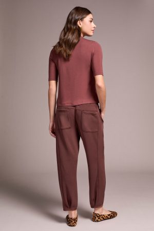 Soft French Terry Funnel Neck Elbow Sleeve Top-Cocoa