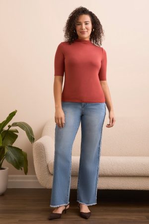 Soft French Terry Funnel Neck Elbow Sleeve Top-Dk toffee