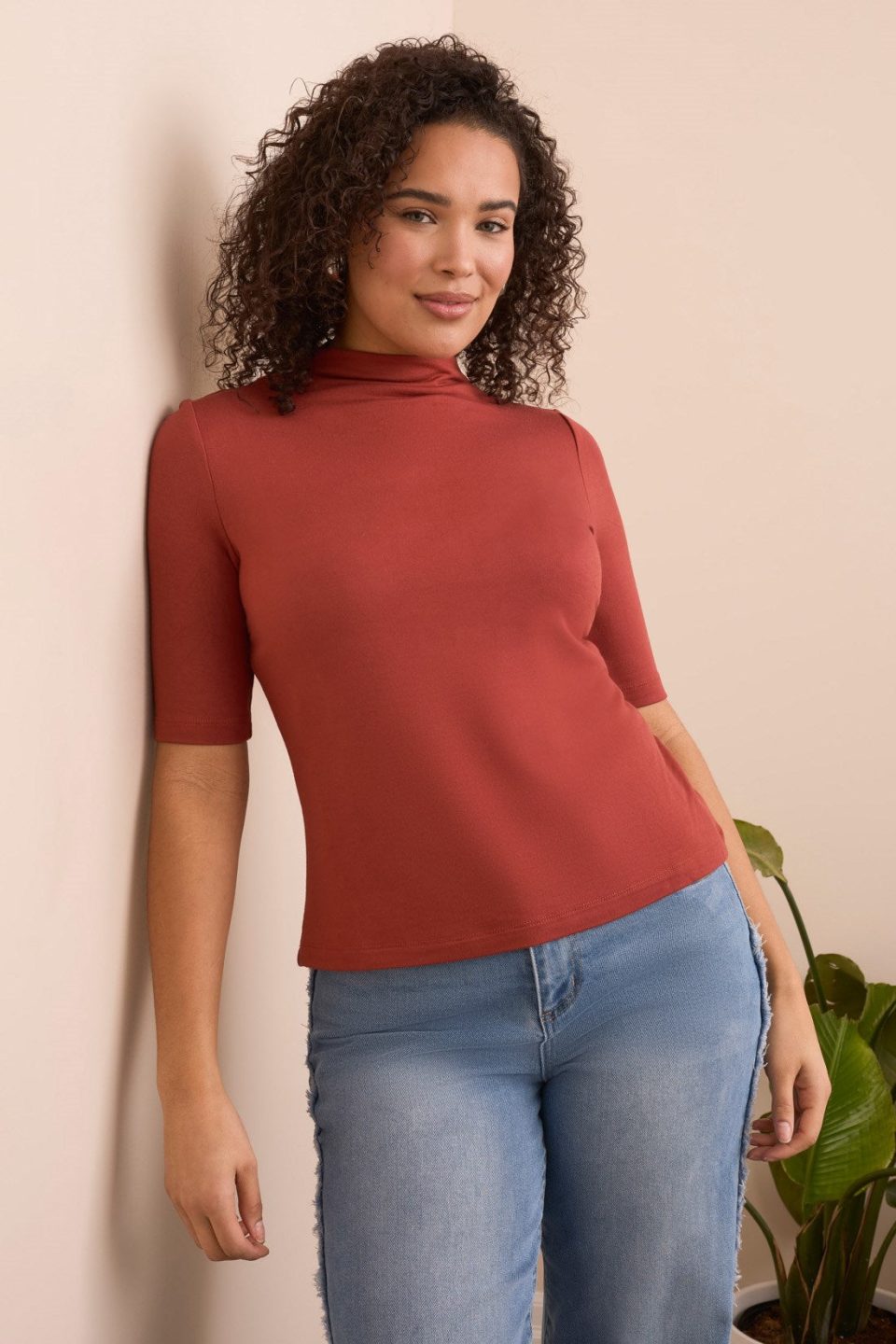 Soft French Terry Funnel Neck Elbow Sleeve Top-Dk toffee