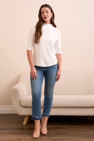 Soft French Terry Funnel Neck Elbow Sleeve Top-Eggshell