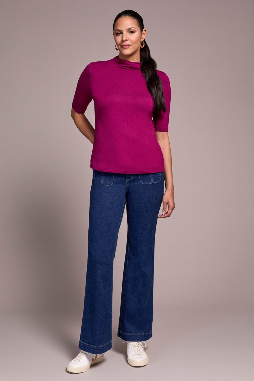 Soft French Terry Funnel Neck Elbow Sleeve Top-Plumwine
