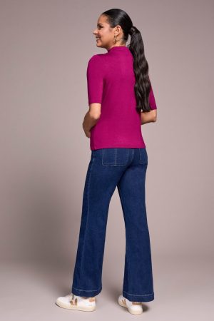 Soft French Terry Funnel Neck Elbow Sleeve Top-Plumwine