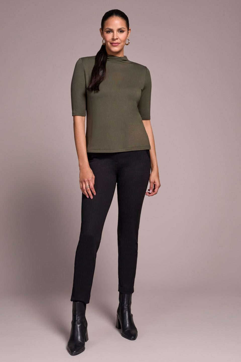 Soft French Terry Funnel Neck Elbow Sleeve Top-Spruce