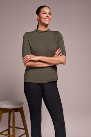 Soft French Terry Funnel Neck Elbow Sleeve Top-Spruce