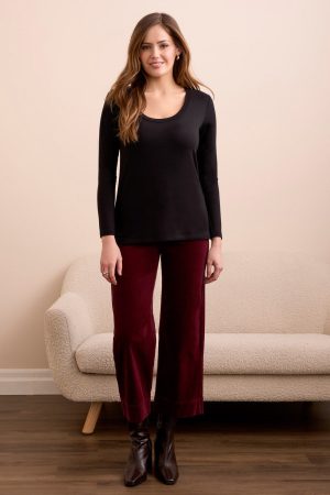 Soft French Terry Scoop Neck Long Sleeve Top-Black