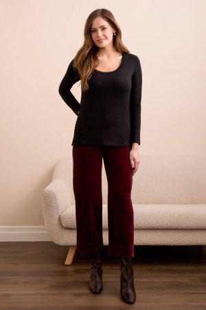 Soft French Terry Scoop Neck Long Sleeve Top-Black