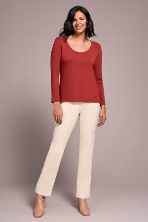 Soft French Terry Scoop Neck Long Sleeve Top-Dk toffee