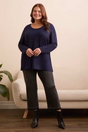 Soft French Terry Scoop Neck Long Sleeve Top-Nightfall