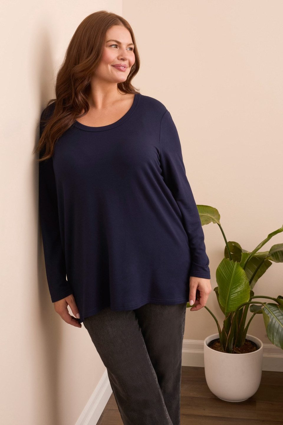 Soft French Terry Scoop Neck Long Sleeve Top-Nightfall