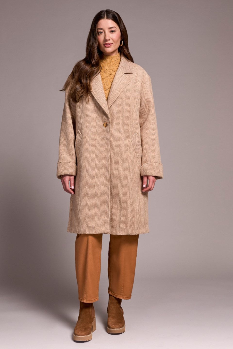 Soft Herringbone Button Front Loose Fit Overcoat-Biscotti