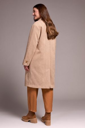 Soft Herringbone Button Front Loose Fit Overcoat-Biscotti