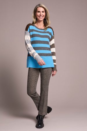 Soft Knit Combo Striped Boat Neck Sweater-Celestial