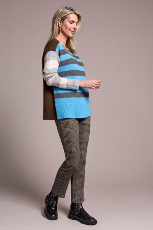 Soft Knit Combo Striped Boat Neck Sweater-Celestial