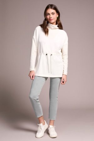 Soft Mix Media Turtle Neck Elastic Waist Top-Cream