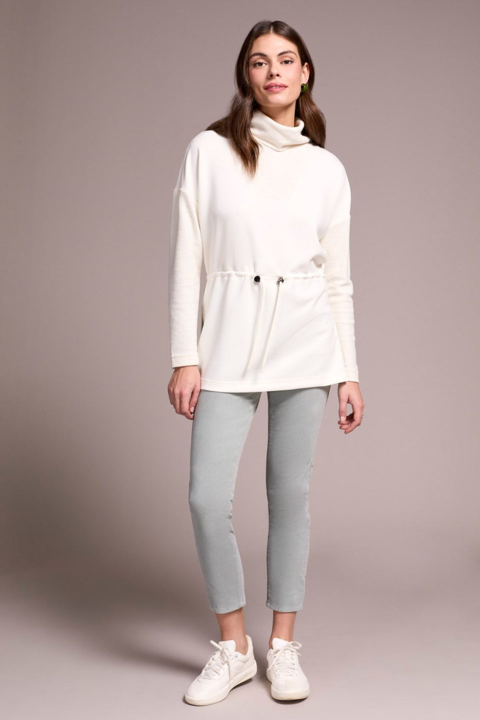 Soft Mix Media Turtle Neck Elastic Waist Top-Cream