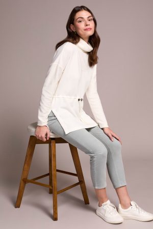 Soft Mix Media Turtle Neck Elastic Waist Top-Cream