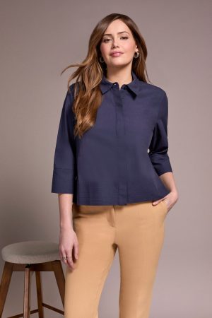 Soft Poplin 3/4 Sleeve Button-Front Shirt-Sapphire