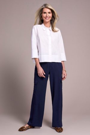 Soft Poplin 3/4 Sleeve Button-Front Shirt-White