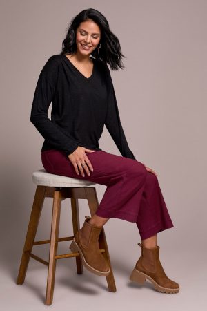 Soft Shine Effect V-Neck Drop Shoulder Top-Black