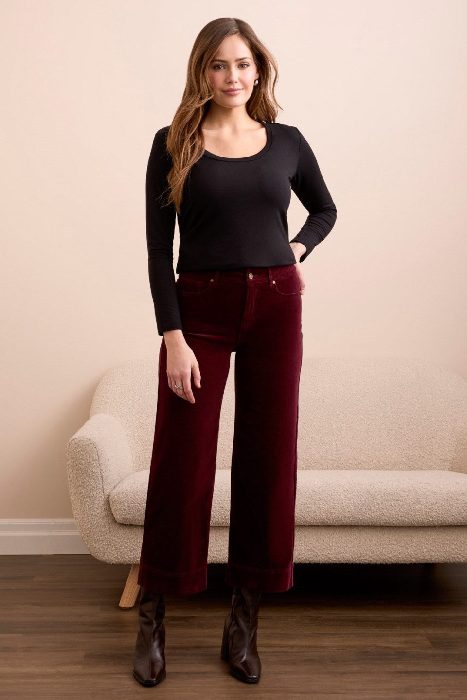 Soft Stretch Corduroy High Rise Ankle Pant-Wine