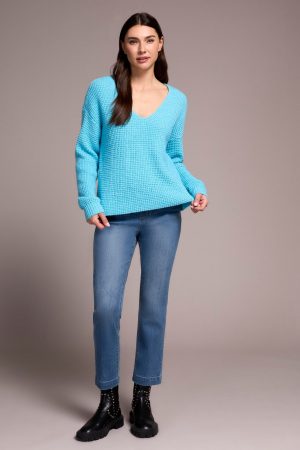 Soft Touch Drop Shoulder V-Neck Sweater-Cloud blue