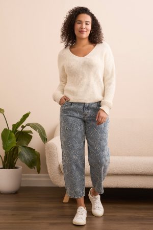 Soft Touch Drop Shoulder V-Neck Sweater-Cream