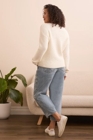 Soft Touch Drop Shoulder V-Neck Sweater-Cream
