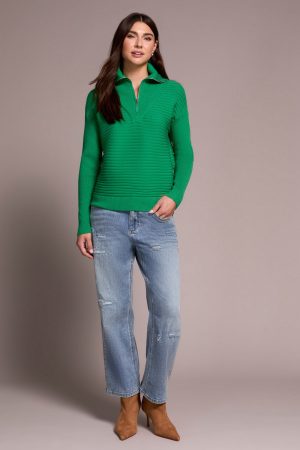 Soft Zip-Up V-Neck Sweater-Fieldgreen